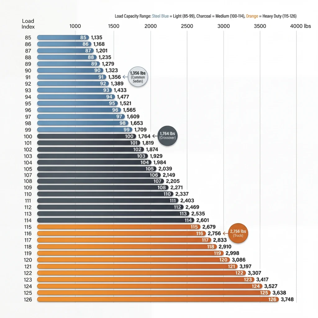 Load index chart showing tire weight capacity values from 85 to 126 with corresponding pounds displayed as color-coded horizontal bars