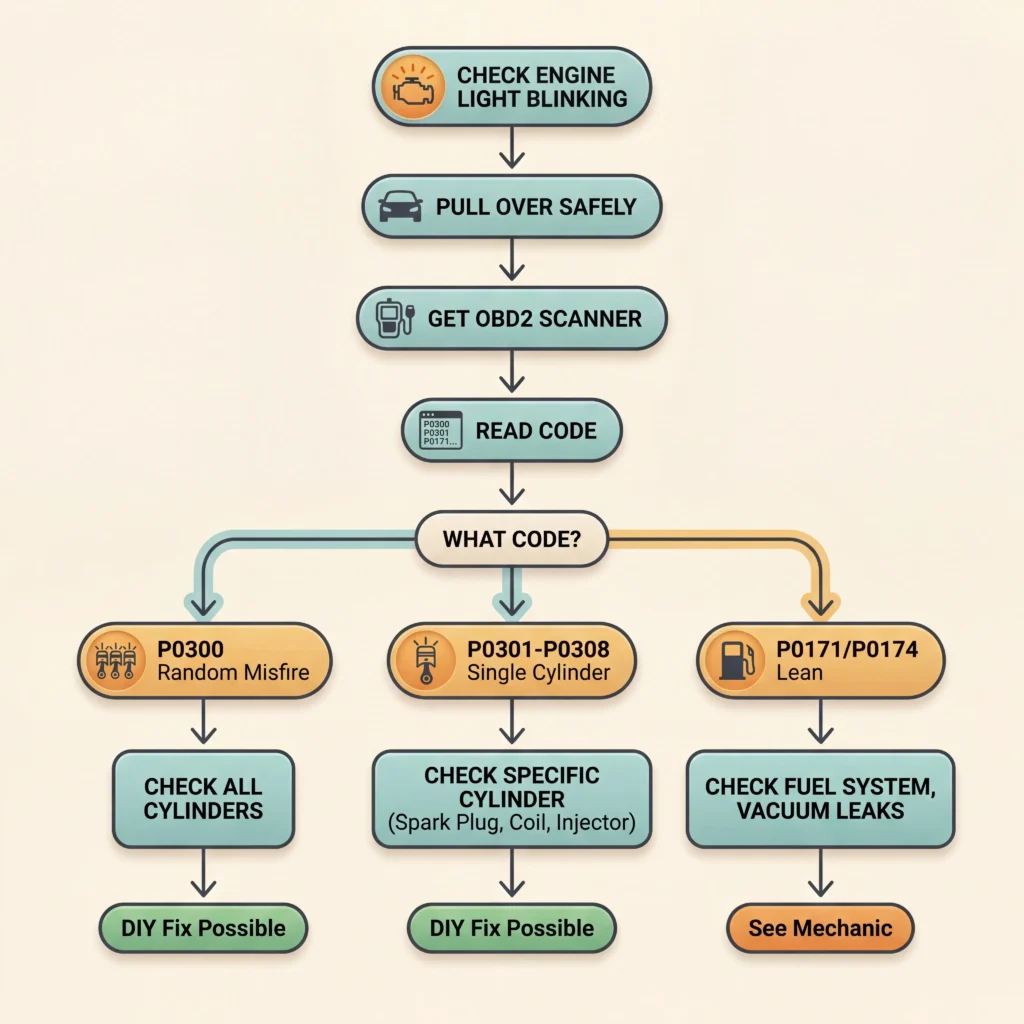OBD2 scanner diagnosis flowchart for engine misfire codes showing steps from reading codes to identifying the fix