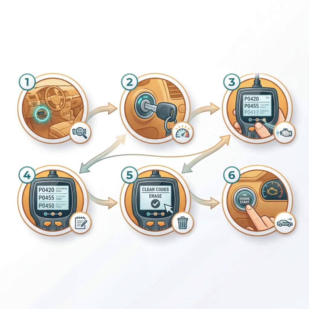 Step-by-step OBD2 scanner reset process diagram showing six stages from port location to code clearing