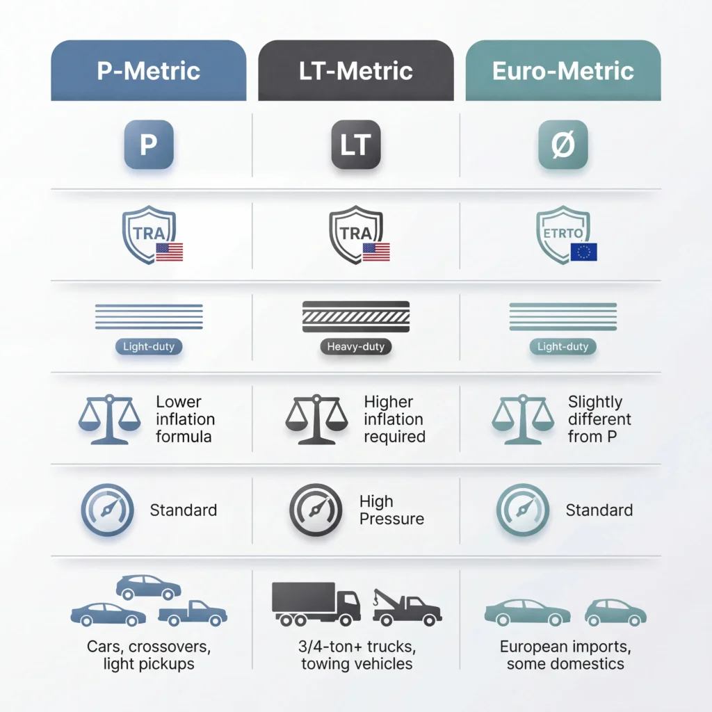 P-metric vs LT-metric vs Euro-metric tire comparison chart showing differences in standards body construction and load calculations across three columns