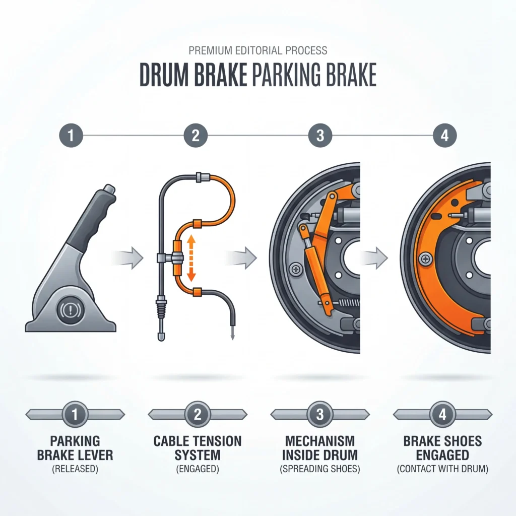 Parking brake mechanism diagram showing four-stage activation sequence from lever pull to brake shoe engagement inside drum