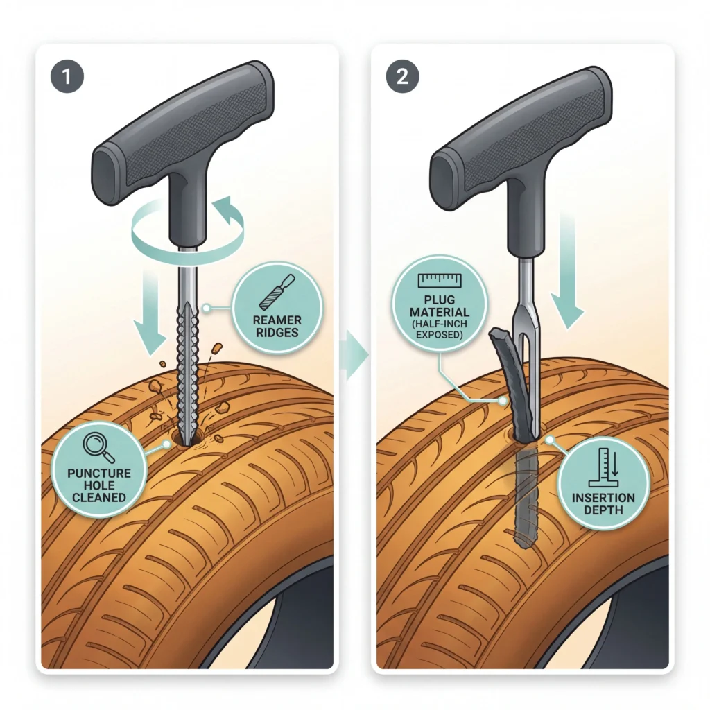 Reamer tool and insertion tool diagram showing tire plug installation steps with directional arrows and callouts