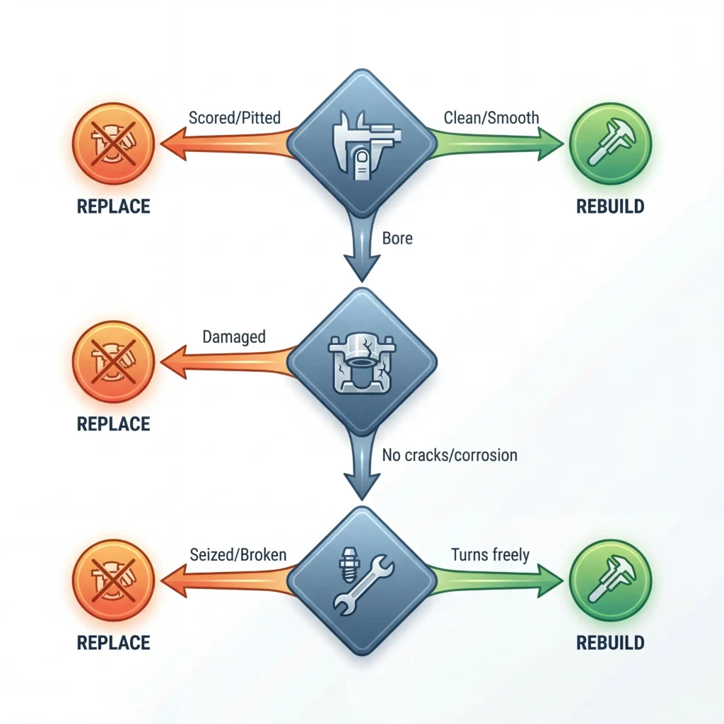 Rebuild vs replace caliper decision flowchart showing three inspection checkpoints for bore condition housing integrity and bleeder screw status