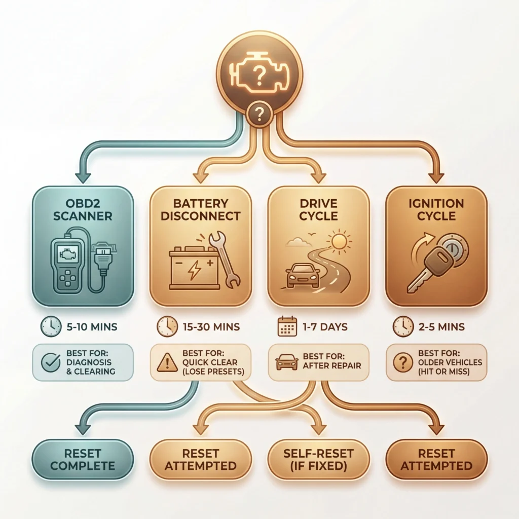Decision flowchart comparing four reset engine light methods including OBD2 scanner and battery disconnect options