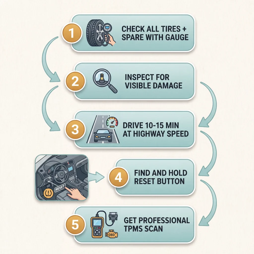 Five step process to fix a blinking tire pressure warning light from checking pressure to finding the reset button location