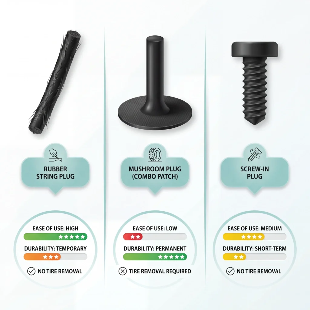 Rubber string plug vs mushroom plug vs screw-in plug comparison showing design differences and use cases