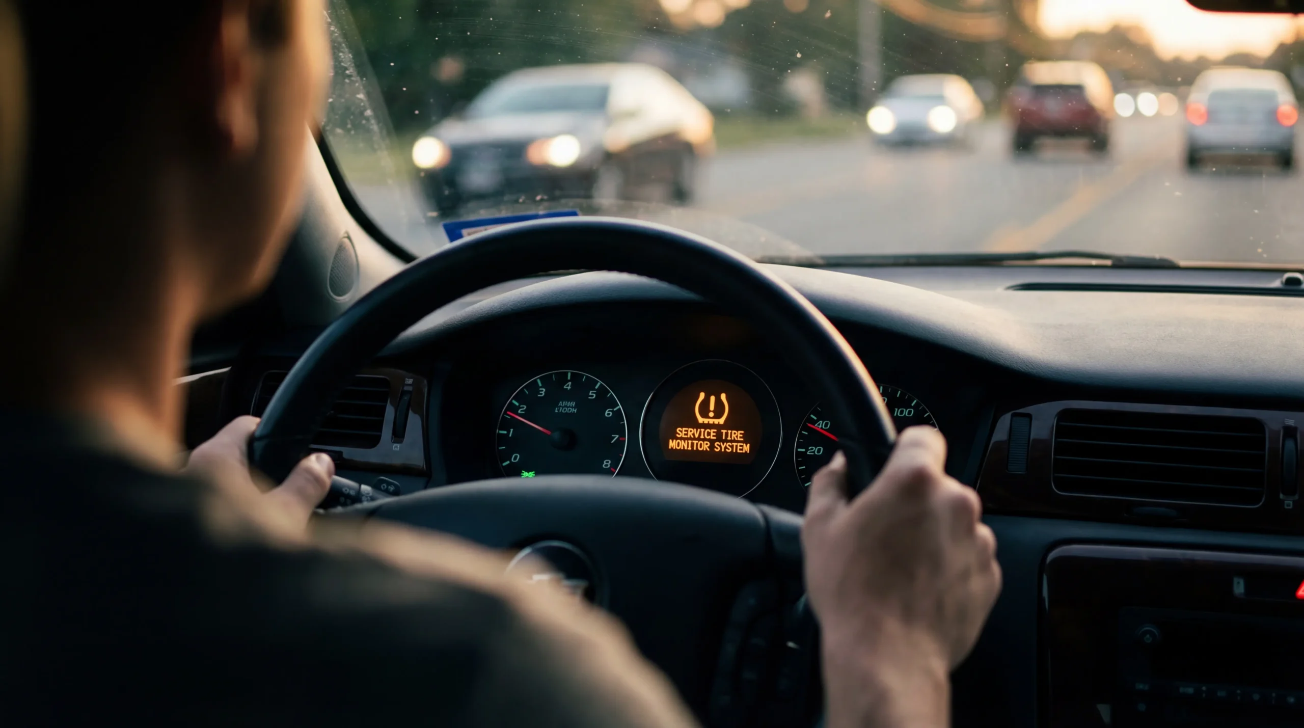 Service tire monitor system warning light glowing amber on a car dashboard at dusk with driver hands on steering wheel