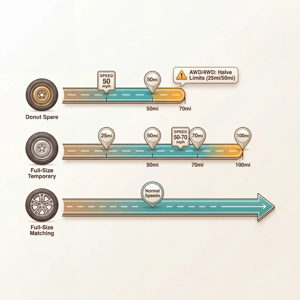 Spare tire distance limits diagram showing 50 mile donut limit and extended ranges for full-size spares