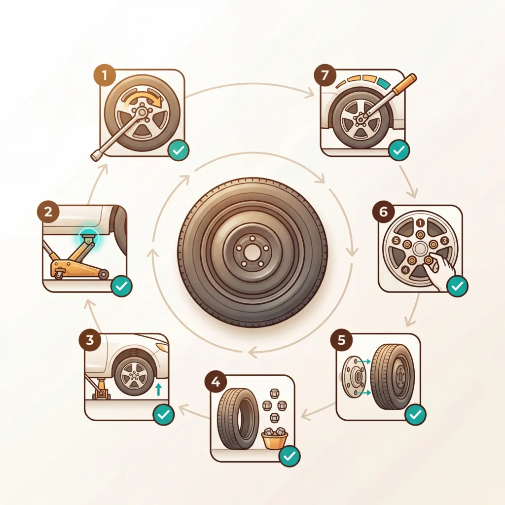 Seven step spare tire installation process visual showing lug nut loosening jack positioning and star pattern tightening sequence