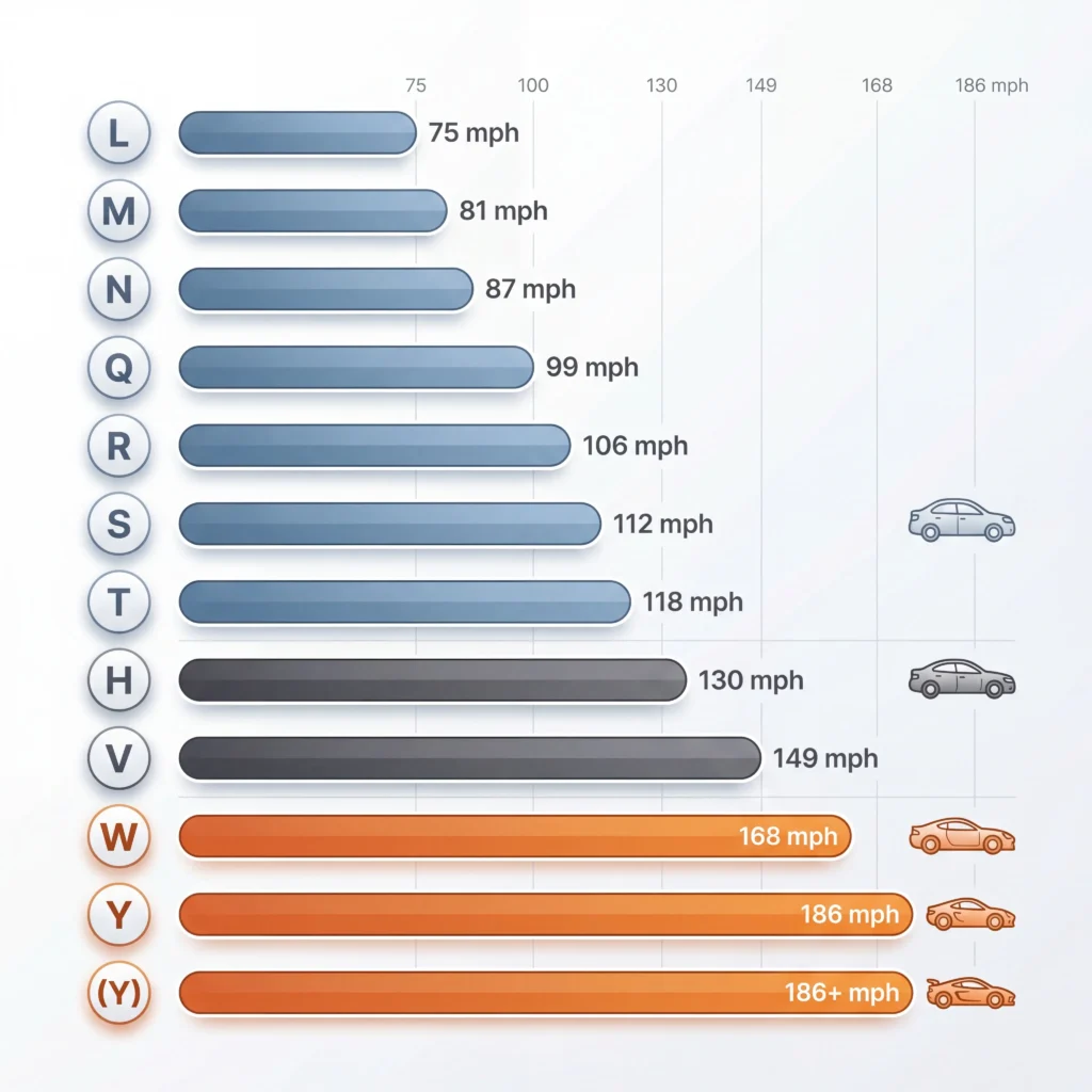 Speed rating chart displaying tire letter codes L through Y with maximum miles per hour values shown as color-coded progress bars