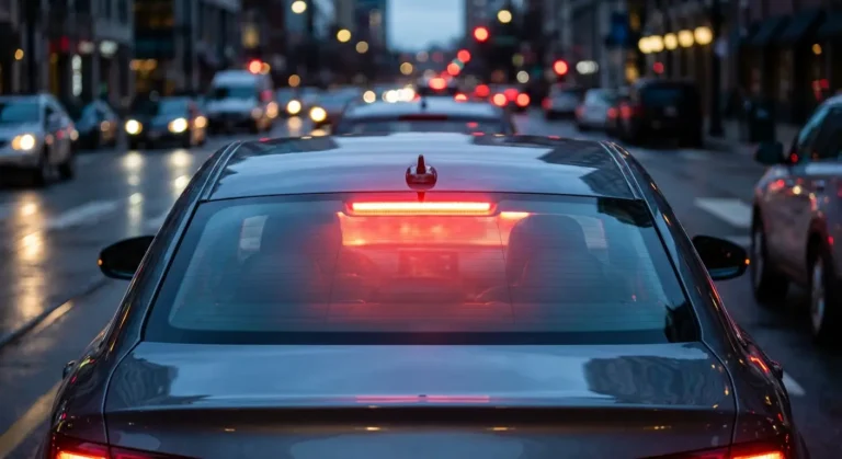 Third brake light glowing red on sedan rear window at dusk showing center high-mount stop lamp position
