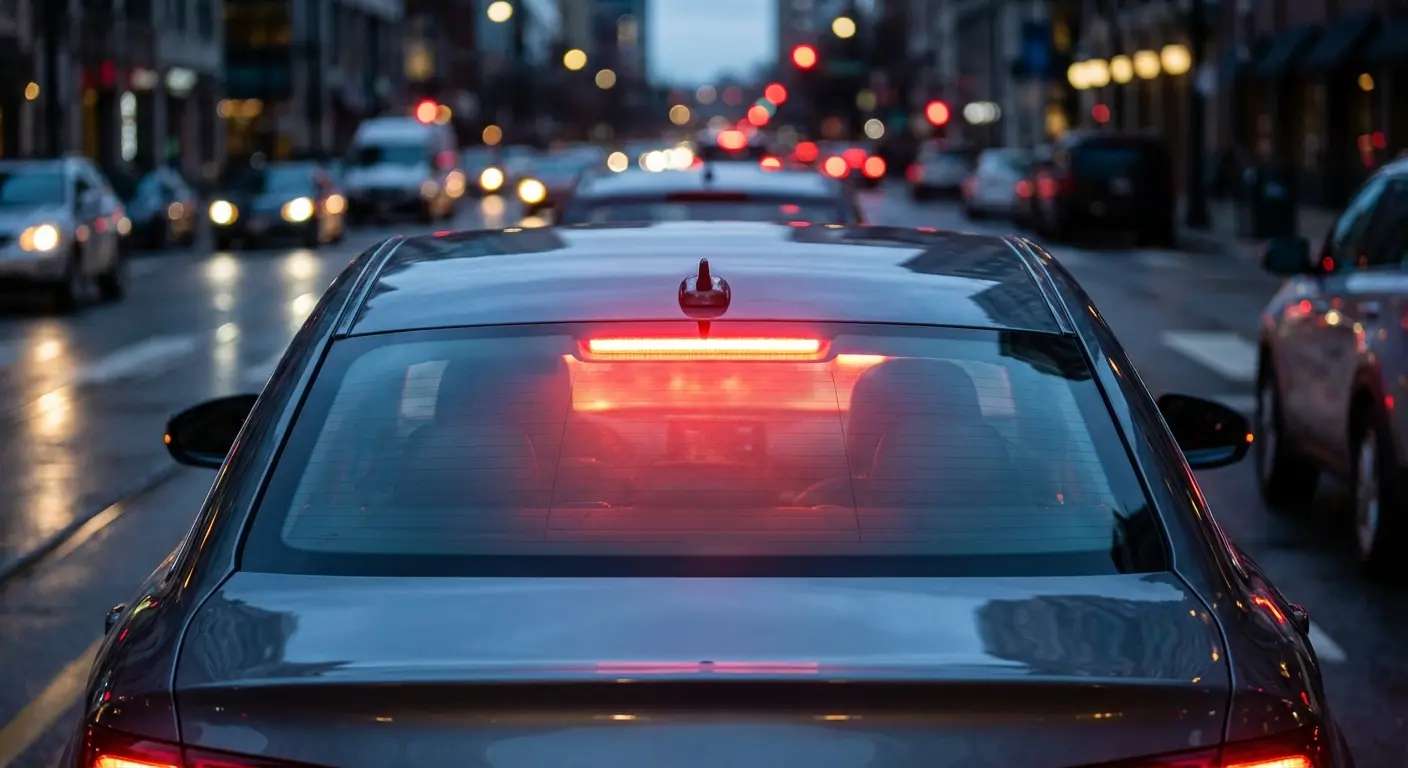 Third brake light glowing red on sedan rear window at dusk showing center high-mount stop lamp position