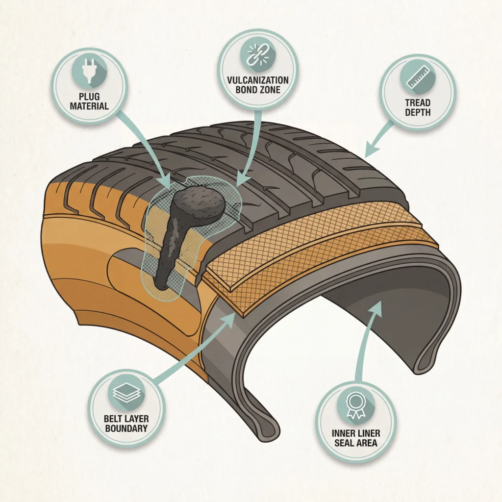 Tire plug cross section diagram showing rubber plug seated through tread layers with vulcanization bond zone highlighted