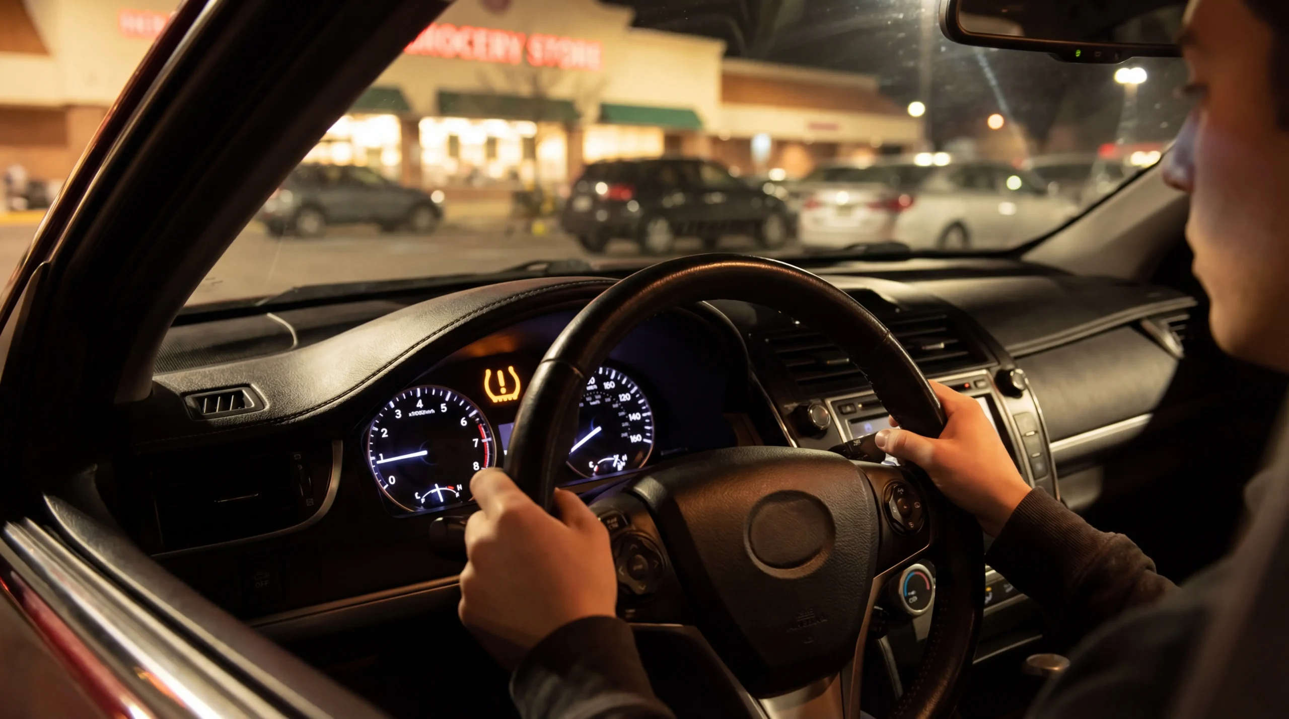 Tire pressure monitoring system light flashing amber on a car dashboard at night with driver hands on steering wheel