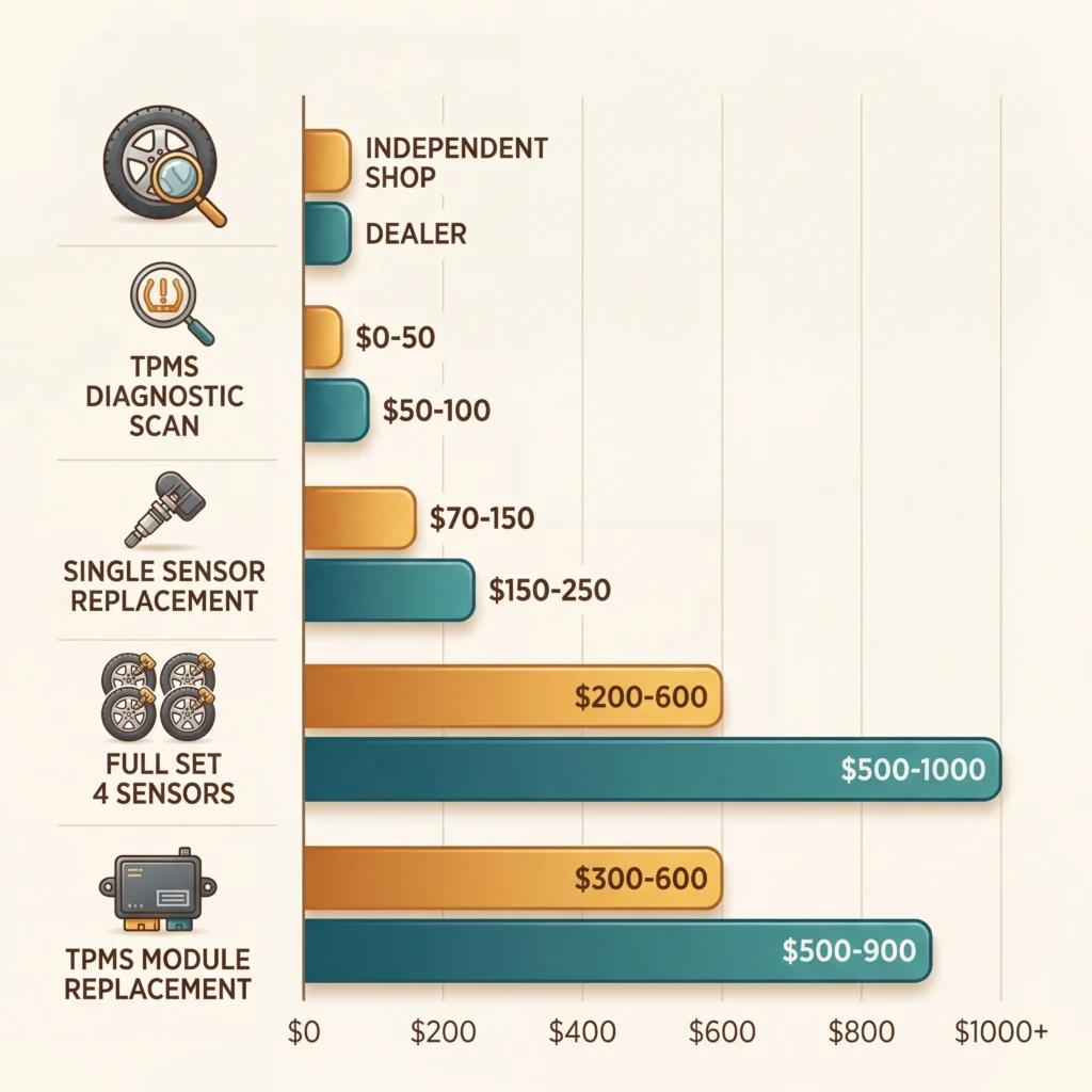 Tire pressure sensor replacement cost comparison chart showing TPMS repair pricing at independent shops versus dealerships