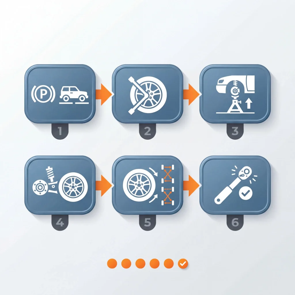 Six-step tire rotation procedure flowchart from preparation through final torque specification check