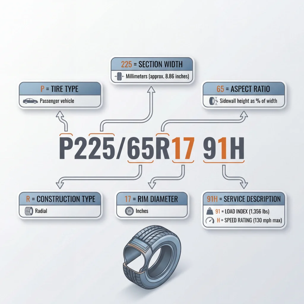 Tire size number meaning diagram showing P225/65R17 91H broken down with labeled callouts explaining each component