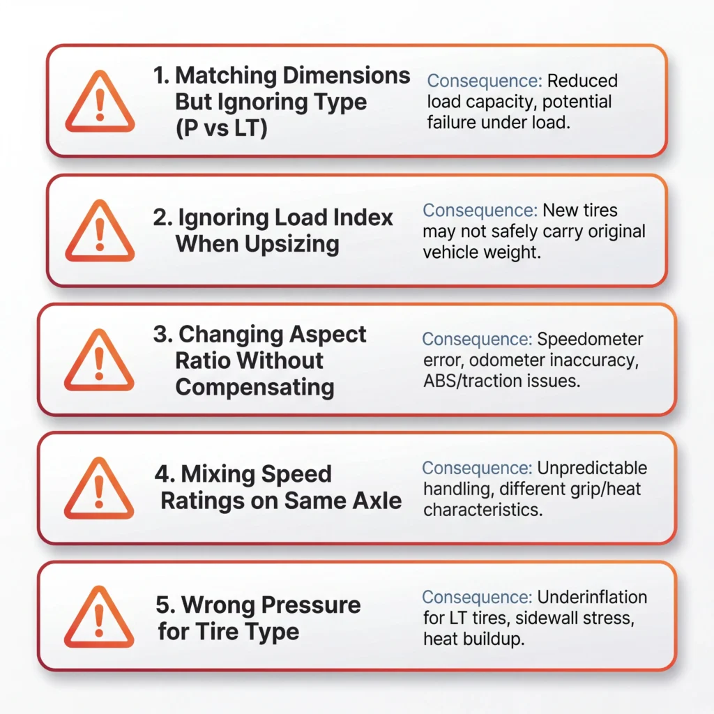 Common tire sizing mistakes infographic showing five warning cards covering type matching load index aspect ratio speed ratings and pressure errors