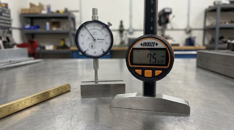 Tire tread gauge collection showing probe dial and digital depth measurement tools on workshop surface