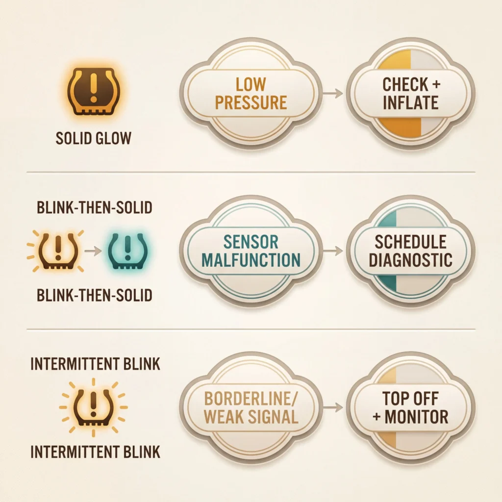 TPMS light behavior comparison showing solid light means low pressure while blinking light indicates sensor malfunction