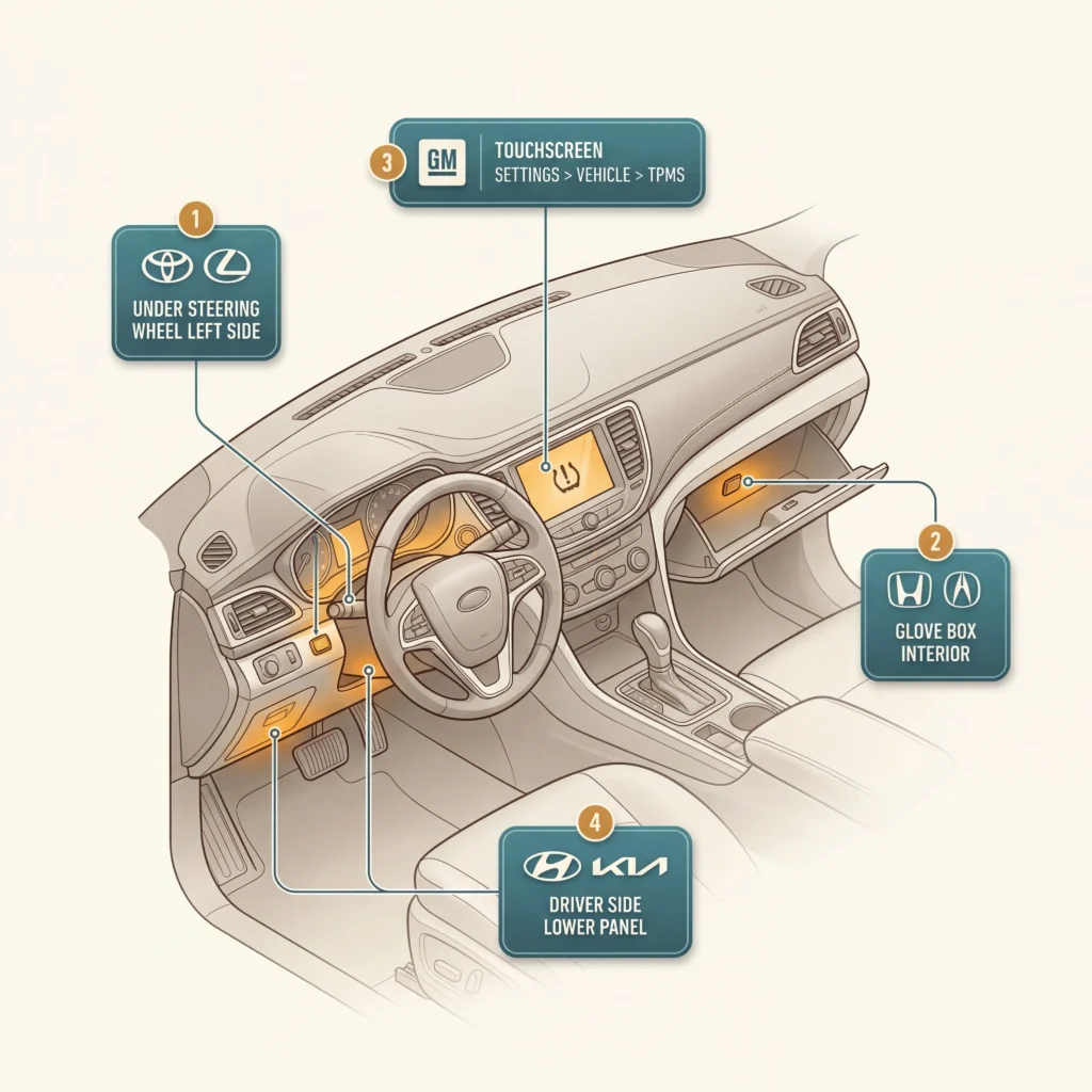 TPMS reset button location diagram showing where to find tire pressure reset controls for Toyota Honda GM Ford and Hyundai vehicles