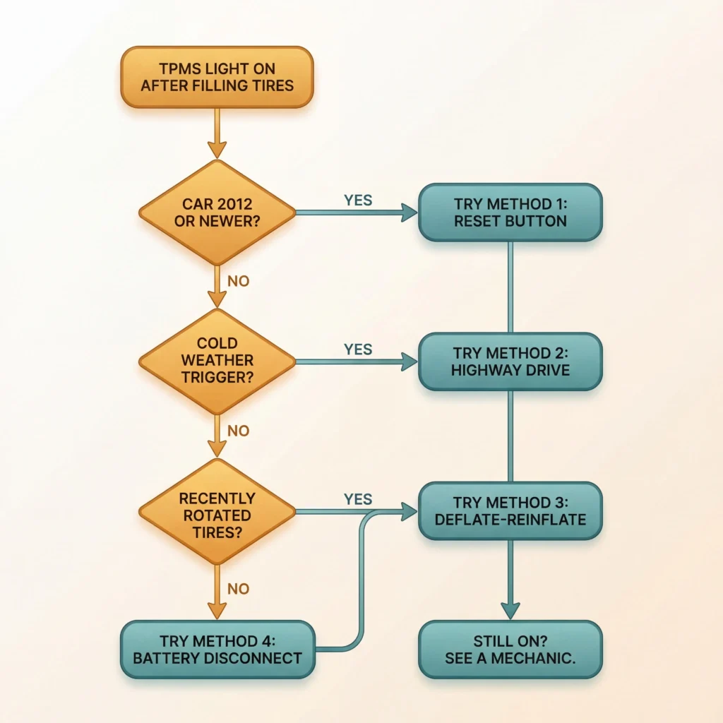 TPMS reset method decision flowchart showing which tire pressure light reset approach to try based on car age and situation