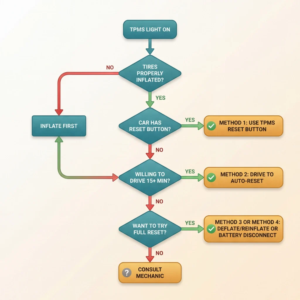 How to reset tire pressure light flowchart showing decision path through four different TPMS reset methods
