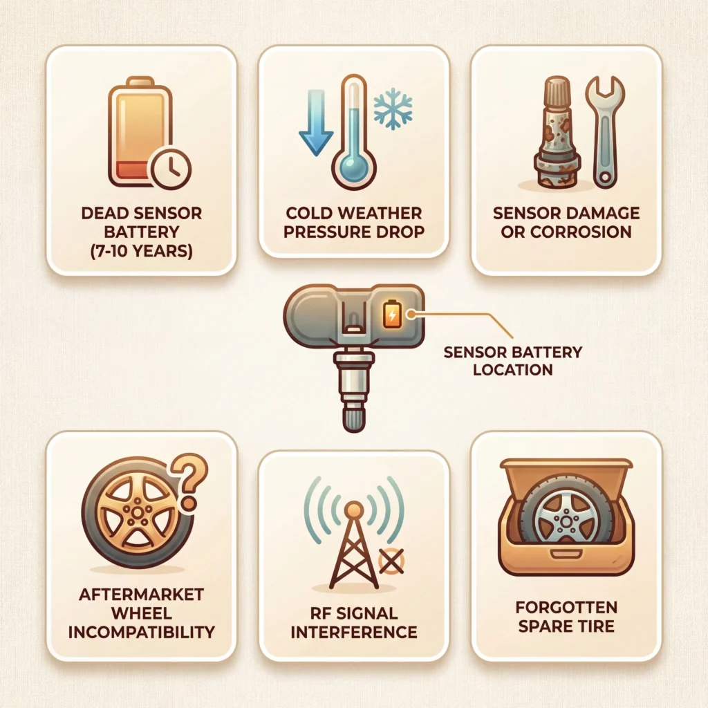 Six causes of TPMS sensor malfunction including dead battery cold weather and sensor damage shown in infographic format
