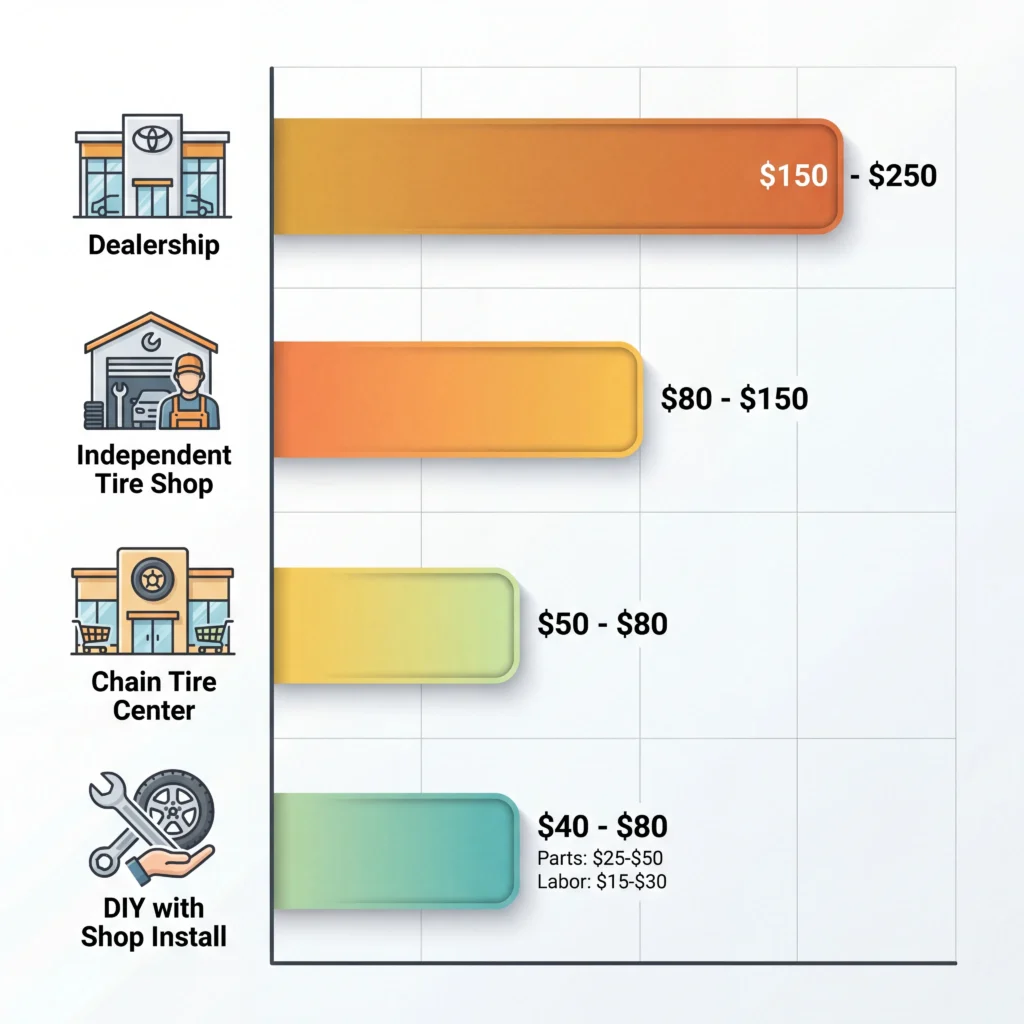 TPMS sensor replacement cost comparison chart showing price ranges from dealership to DIY options per sensor