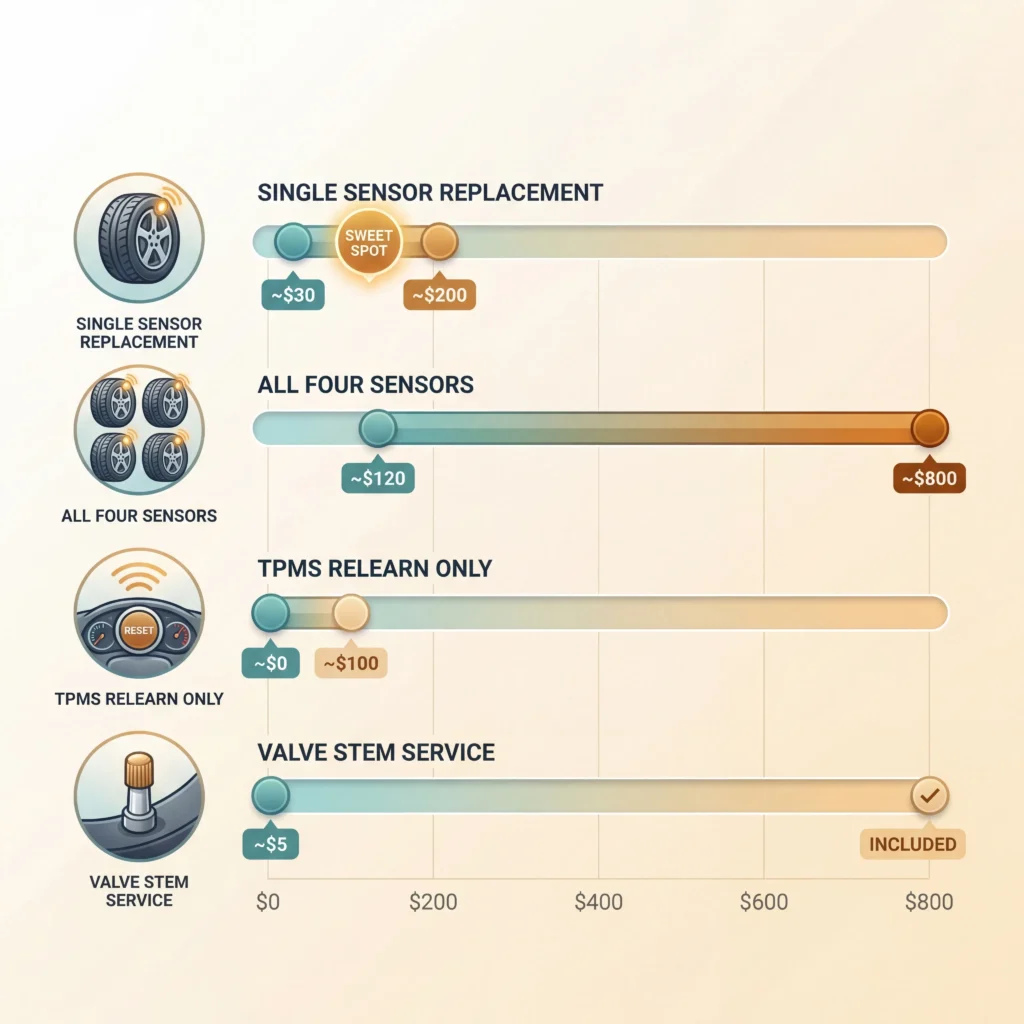 TPMS sensor replacement cost chart comparing DIY and professional pricing for single sensor and full set replacement