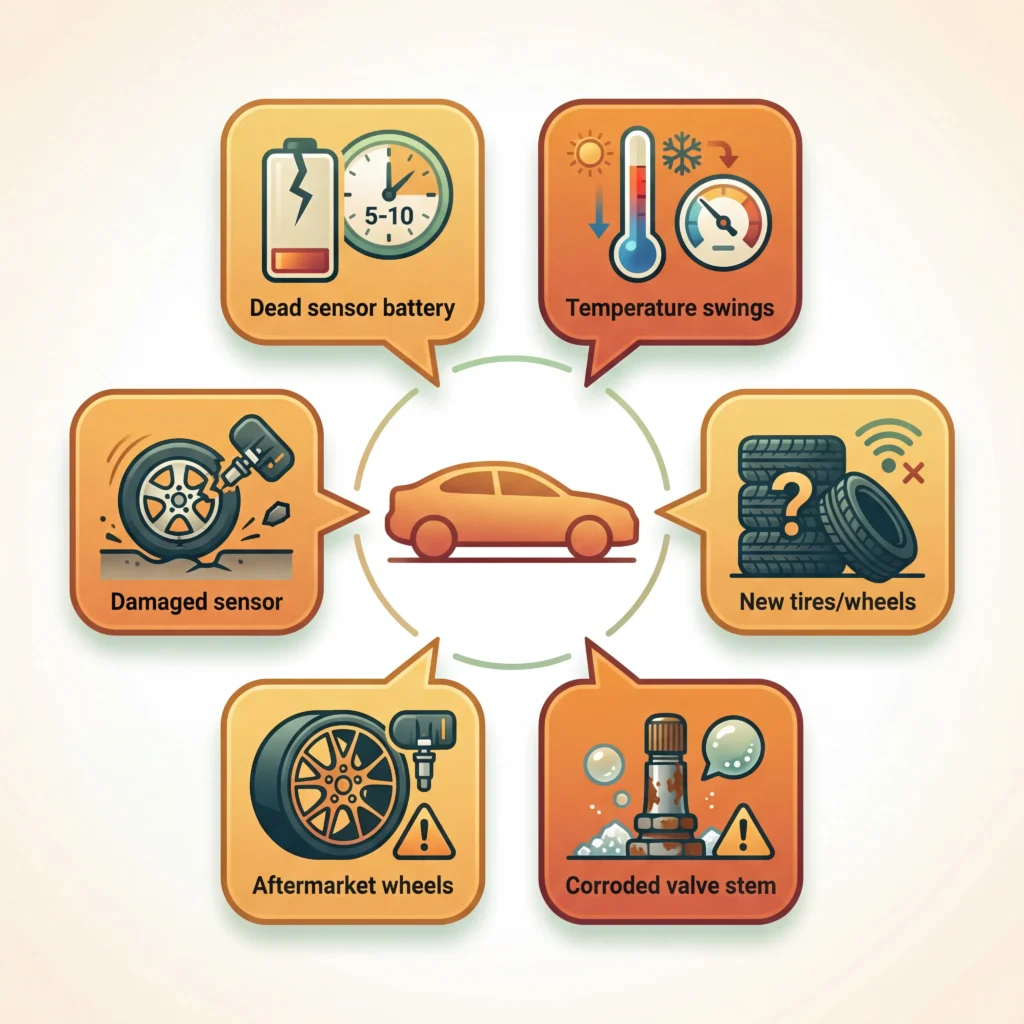 TPMS warning light causes infographic showing dead battery temperature damage and corrosion as common triggers