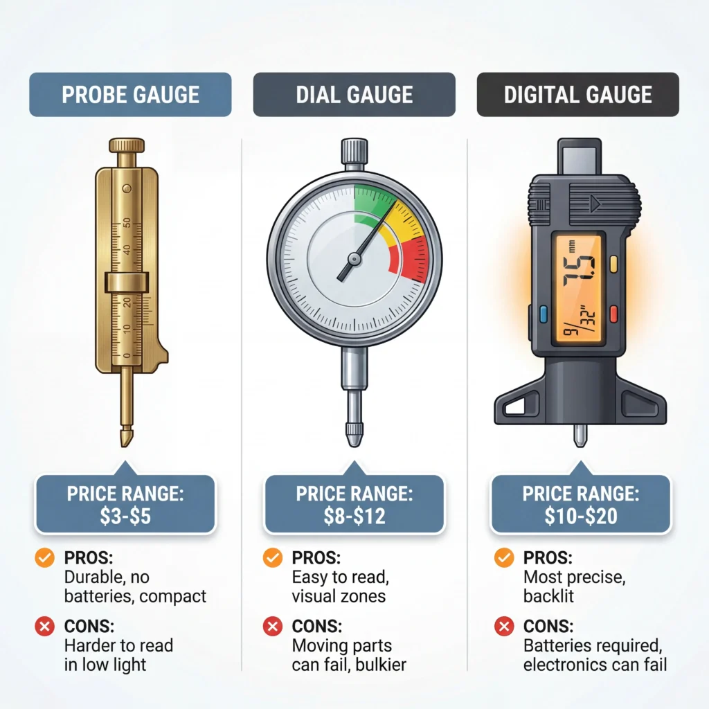 Tread depth gauge types comparison showing probe dial and digital gauges with pros cons and price ranges