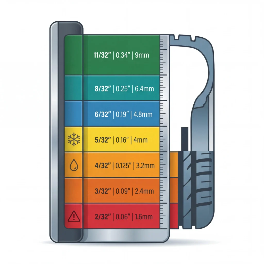 Tread depth zones chart showing safe borderline and replacement thresholds from new tire to legal minimum
