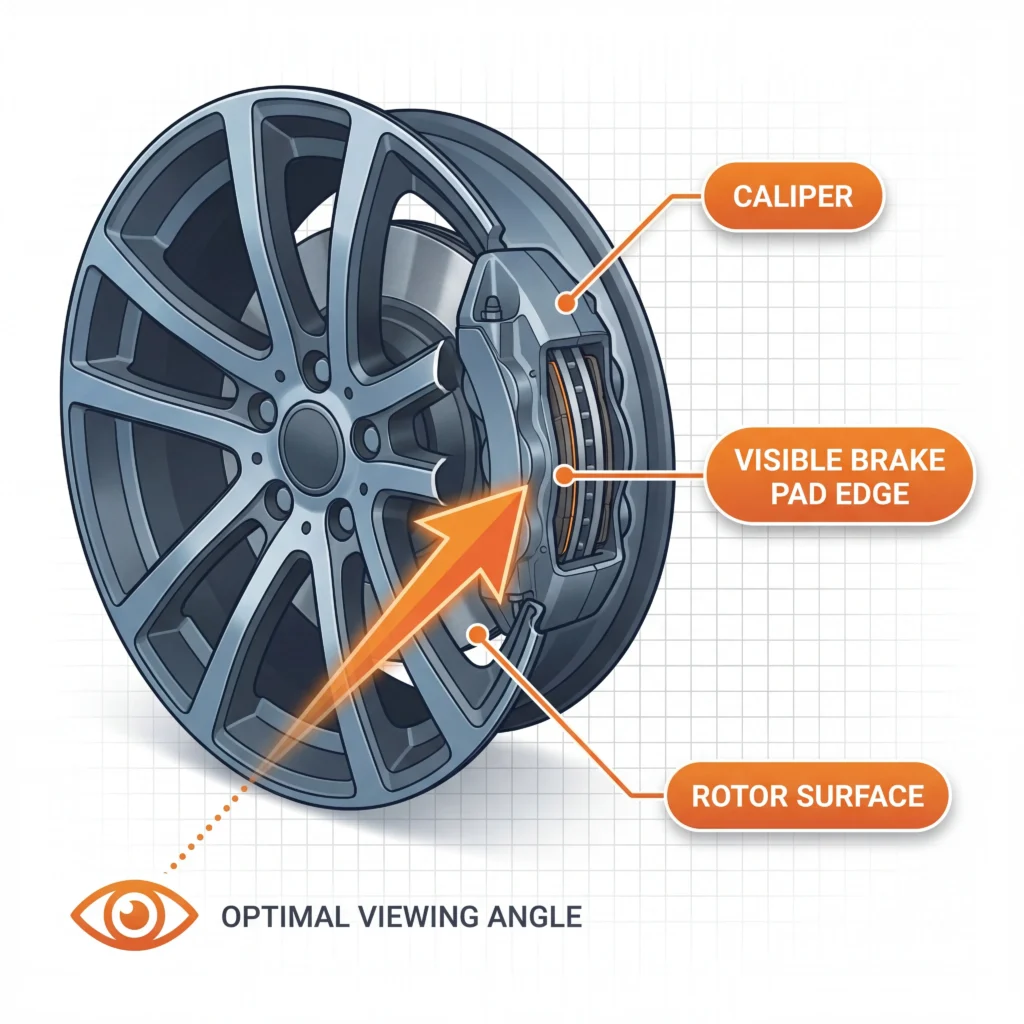 Visual inspection diagram showing how to check brake pads through wheel spokes with caliper window and pad edge labeled
