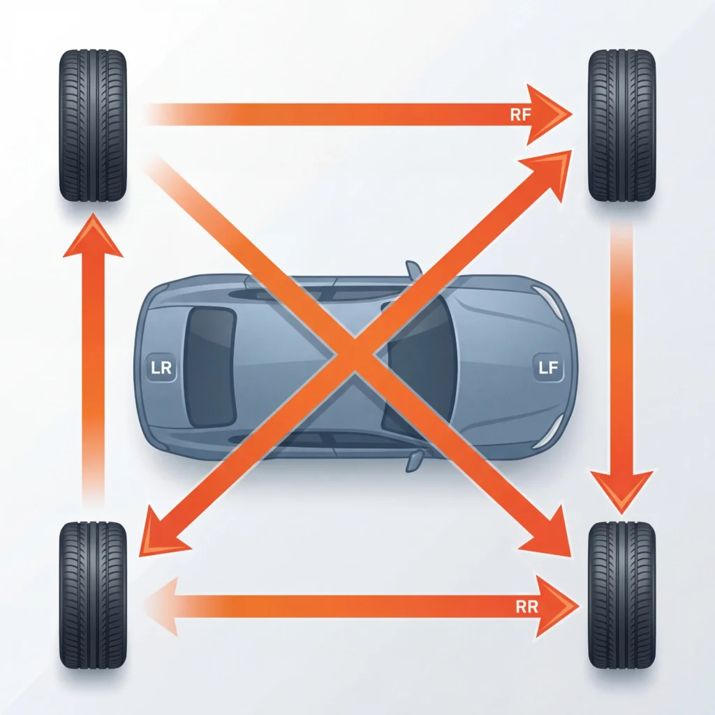 X-pattern tire rotation diagram showing diagonal movement paths for all four wheels on AWD vehicles