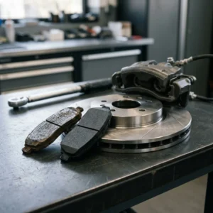 Brake Pads hub hero, a worn brake pad beside a new one with a disc rotor and caliper in soft garage light
