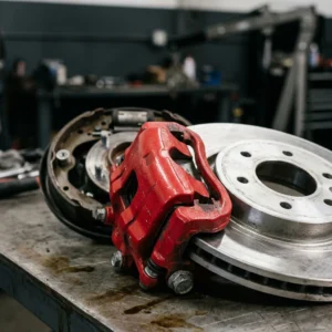 Brake System hub hero, a red caliper over a disc rotor with a drum assembly behind in soft garage light