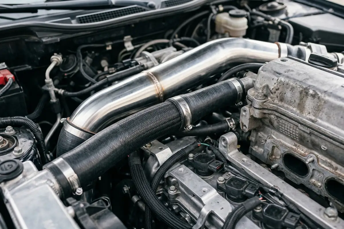 Open car hood over a clean engine bay in daylight, showing the fuel cap and ignition coils behind common faults