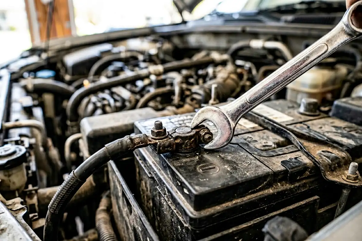 Close-up of a wrench loosening the negative terminal clamp on a car battery in the engine bay