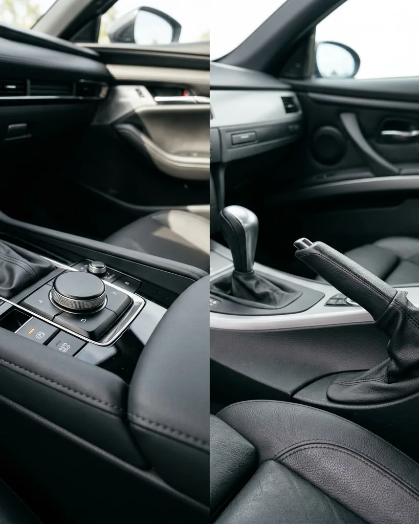 Detail view of electronic versus manual parking brakes