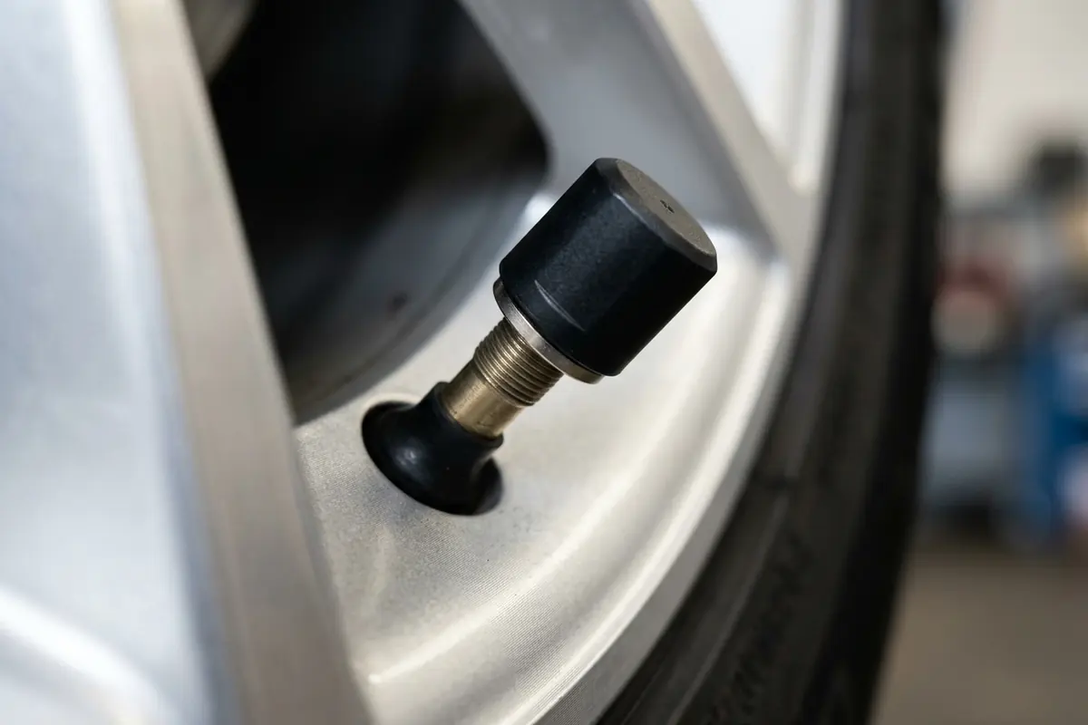 TPMS Pressure Sensor Mounted Inside a Bare Alloy Wheel Rim Close-up of a TPMS pressure sensor clipped inside an alloy wheel rim with the tire peeled back