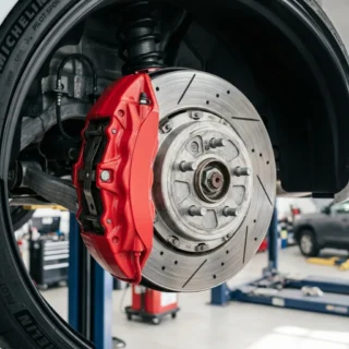 Brake Caliper, a red brake caliper mounted over a disc rotor