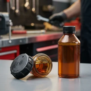Brake Fluid, an open reservoir beside a sealed DOT 4 bottle