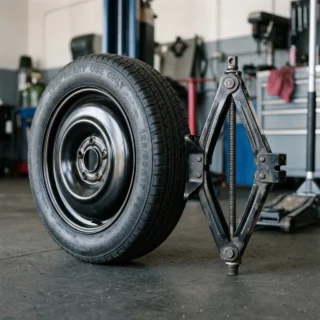 Spare Tire, a compact donut spare tire beside a scissor jack