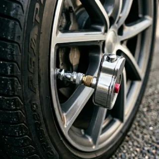Tire Pressure, a digital tire pressure gauge pressed to a valve stem