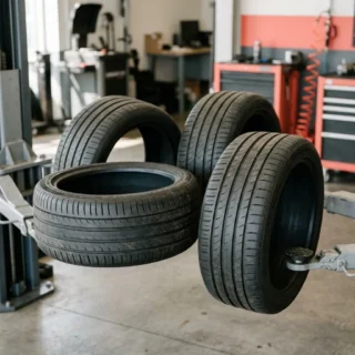 Tire Rotation, tires arranged to suggest a rotation pattern