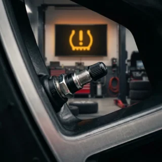 TPMS, a valve stem with a TPMS sensor and a soft amber dashboard warning glow