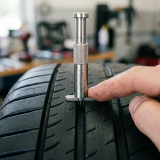 Tread Depth, a tread depth gauge set into a tire groove