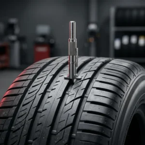 Tire Care hub hero, a tread depth gauge in a tire groove with sidewall markings visible in soft light