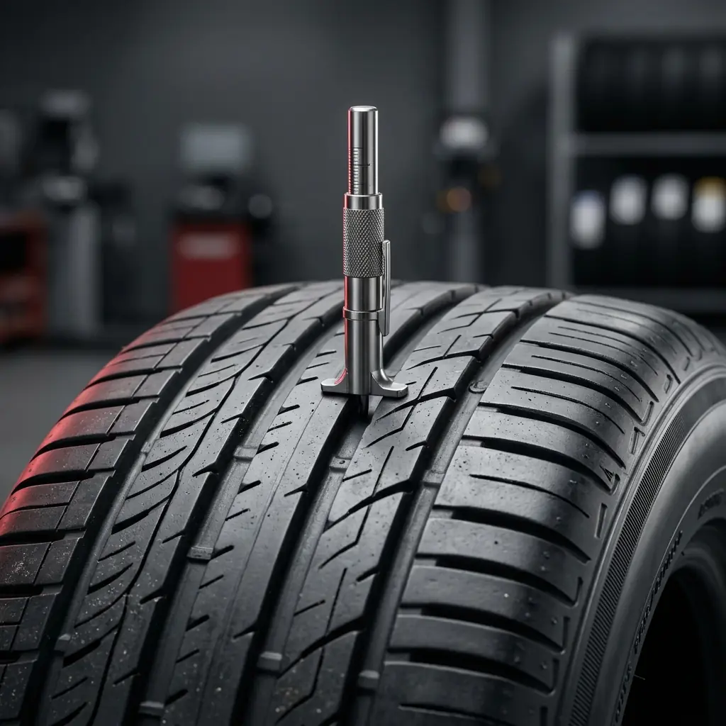 Tire Care hub hero, a tread depth gauge in a tire groove with sidewall markings visible in soft light